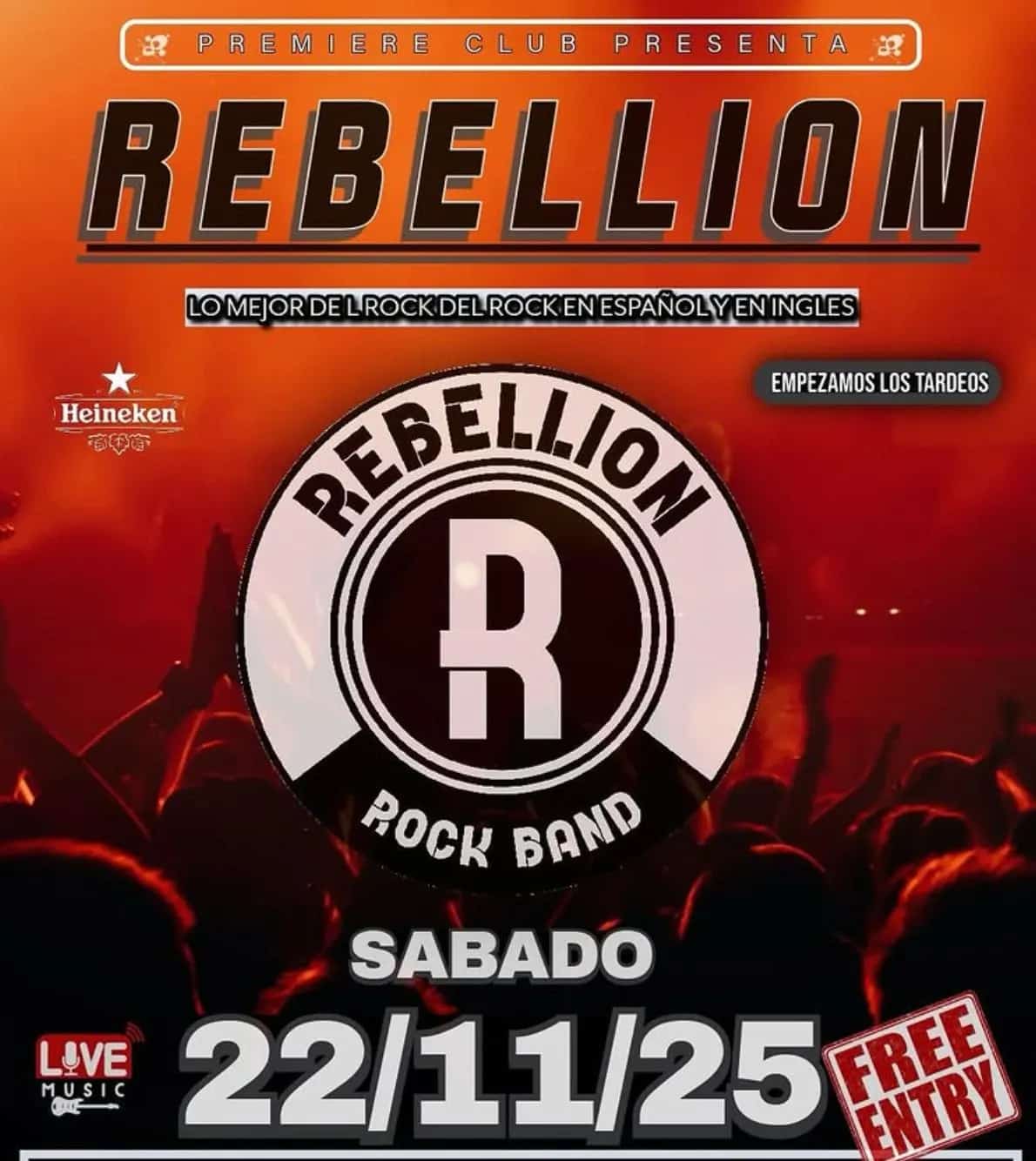 Cartel del concierto de Rebellion Rock Band en Premiere Club Marbella: fondo naranja con público levantando las manos, gran logo circular de la banda con la letra R, texto “Lo mejor del rock en español y en inglés”, fecha sábado 22/11/25, hora 19:00 h, entrada libre y localización Plaza de los Olivos, Marbella.