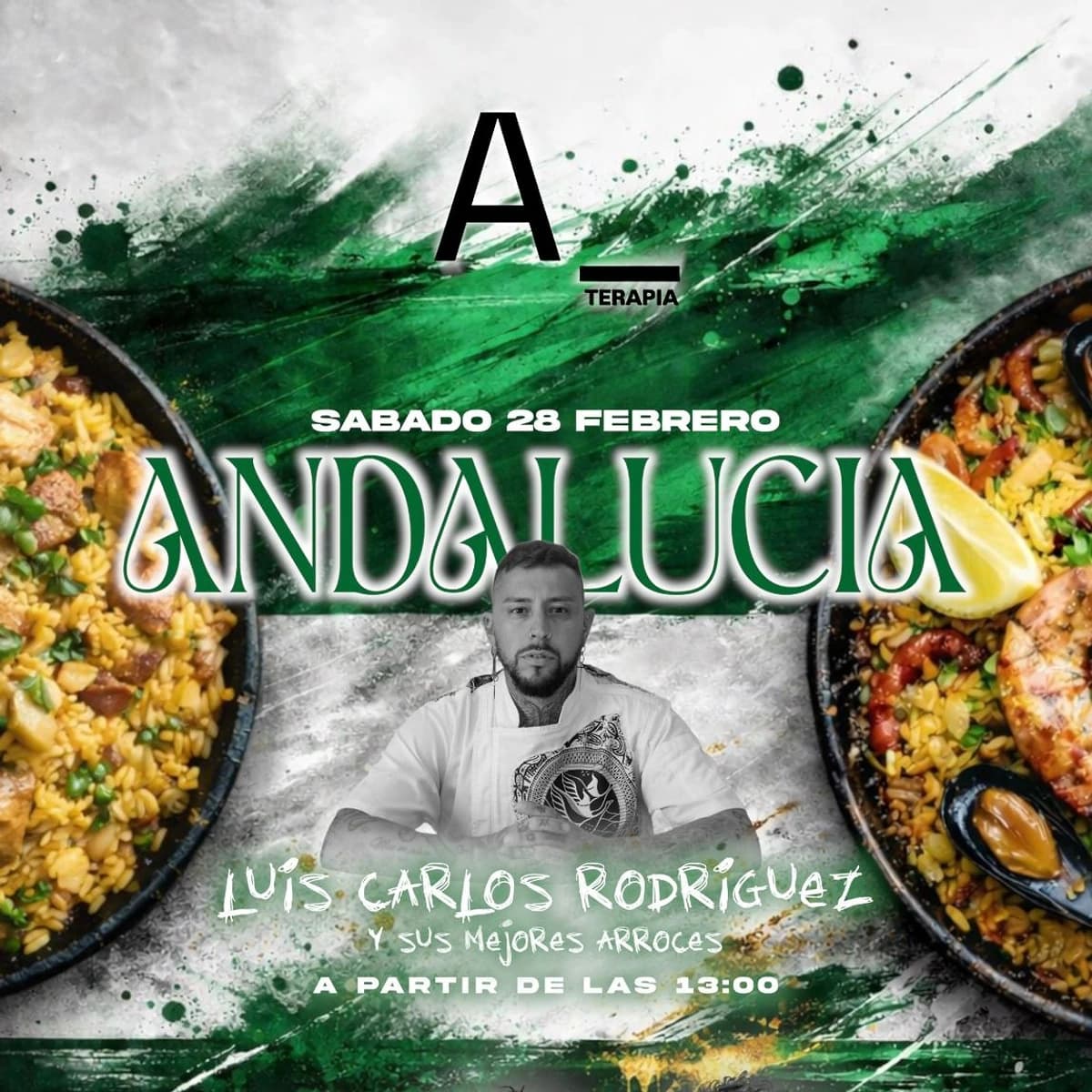 Arroces del Día de Andalucía en A Terapia Marbella elaborados por el chef Luis Carlos Rodríguez, con cocina mediterránea tradicional y gastronomía andaluza en directo.