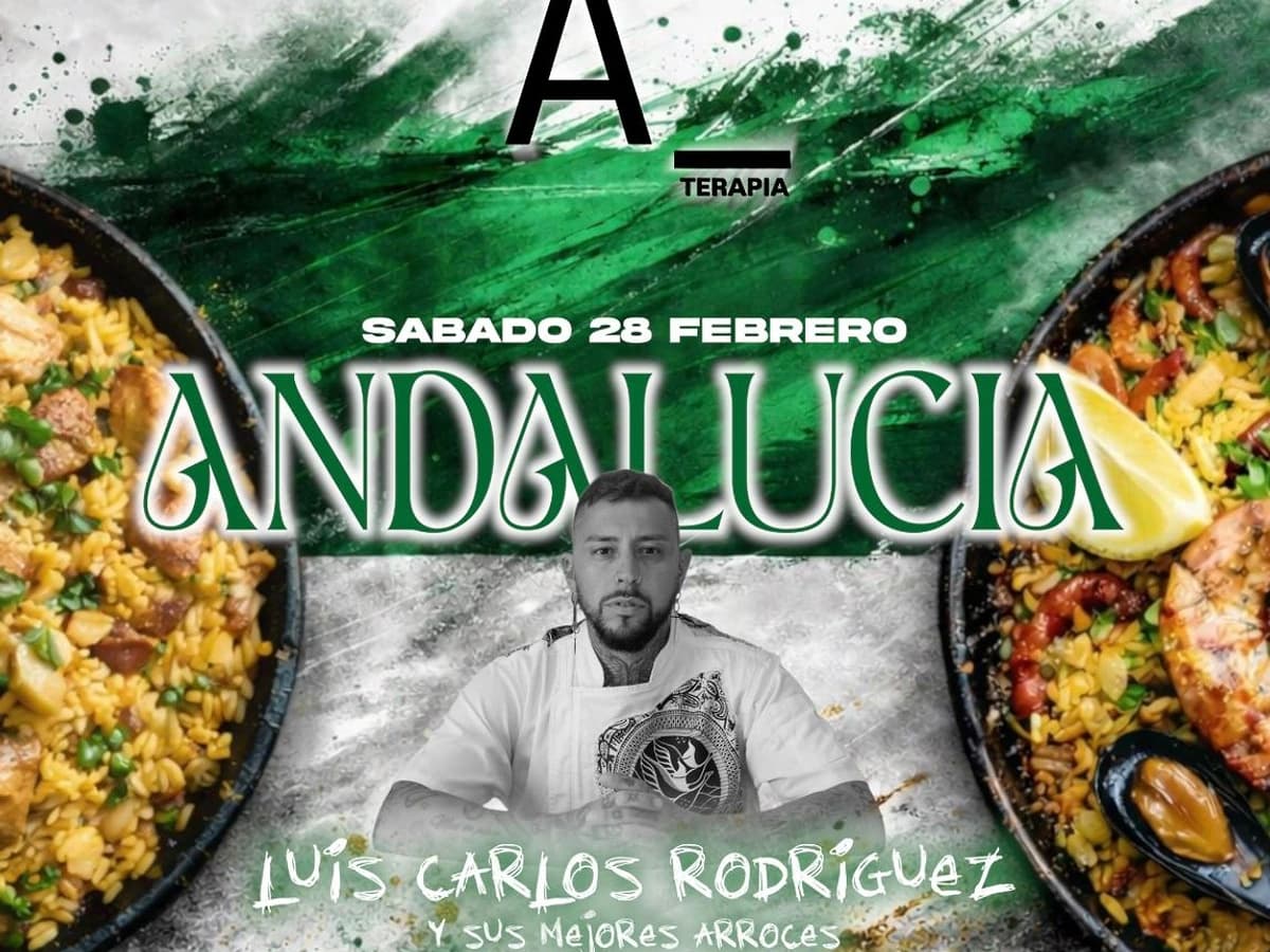 Andalusia Day rice dishes at A Terapia Marbella prepared by chef Luis Carlos RodrĂguez, featuring traditional Mediterranean cuisine and live cooking experience.