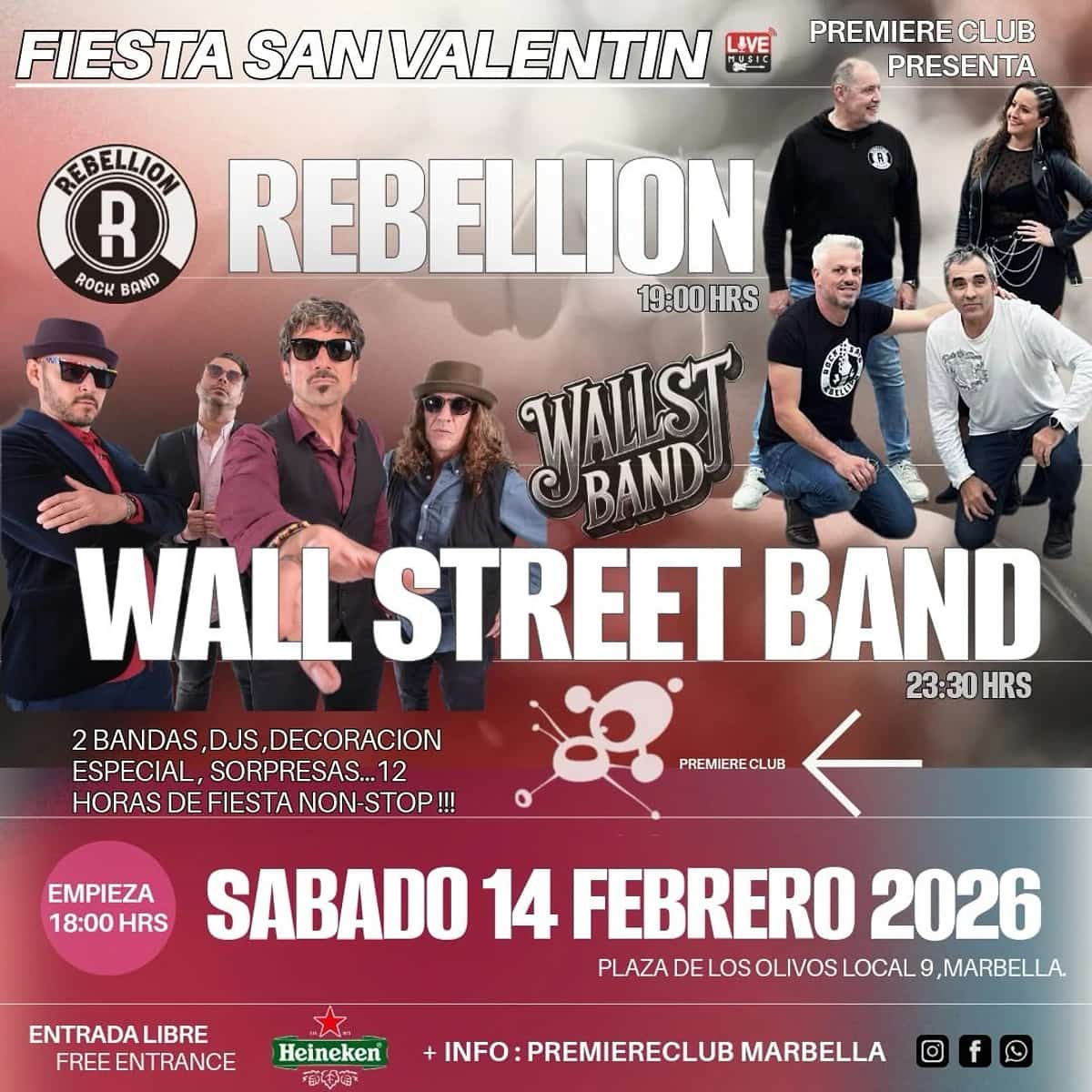 Fiesta de San Valentín en Premiere Club Marbella con conciertos de rock en directo de Rebellion y Wall Street Band, música en vivo y entrada libre.