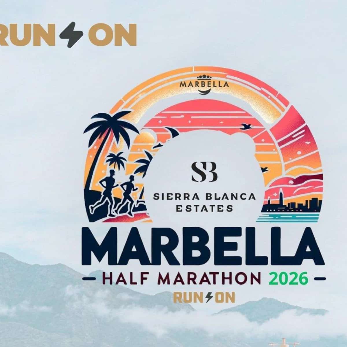 Logo oficial de Marbella Half Marathon 2026 con siluetas de corredores, palmeras, costa, skyline de Marbella y patrocinio de Sierra Blanca Estates.