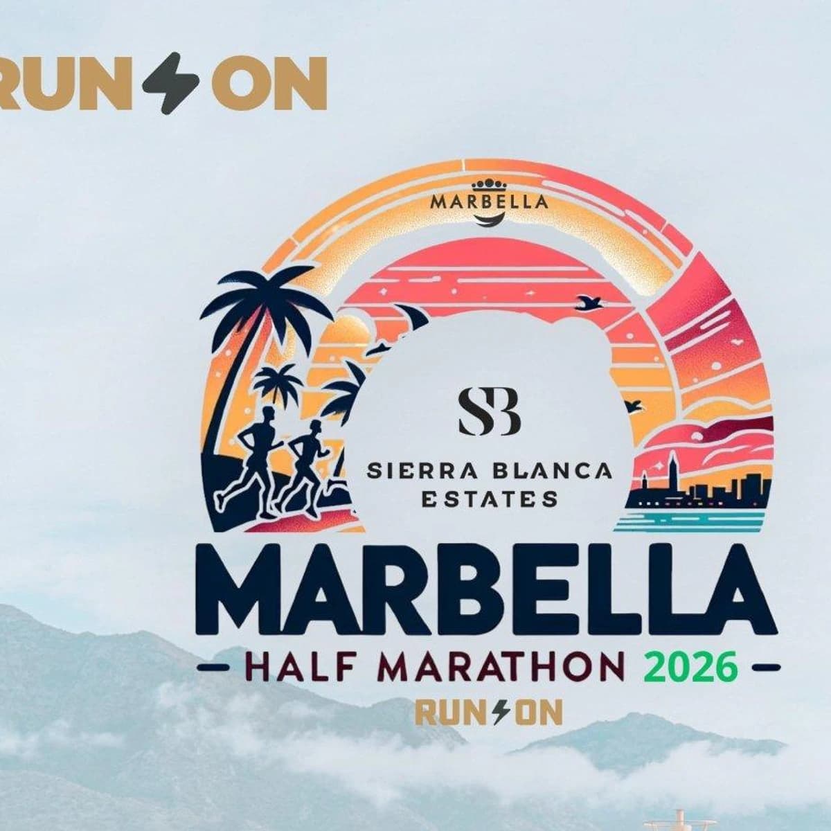 Logo oficial de Marbella Half Marathon 2026 con siluetas de corredores, palmeras, costa, skyline de Marbella y patrocinio de Sierra Blanca Estates.