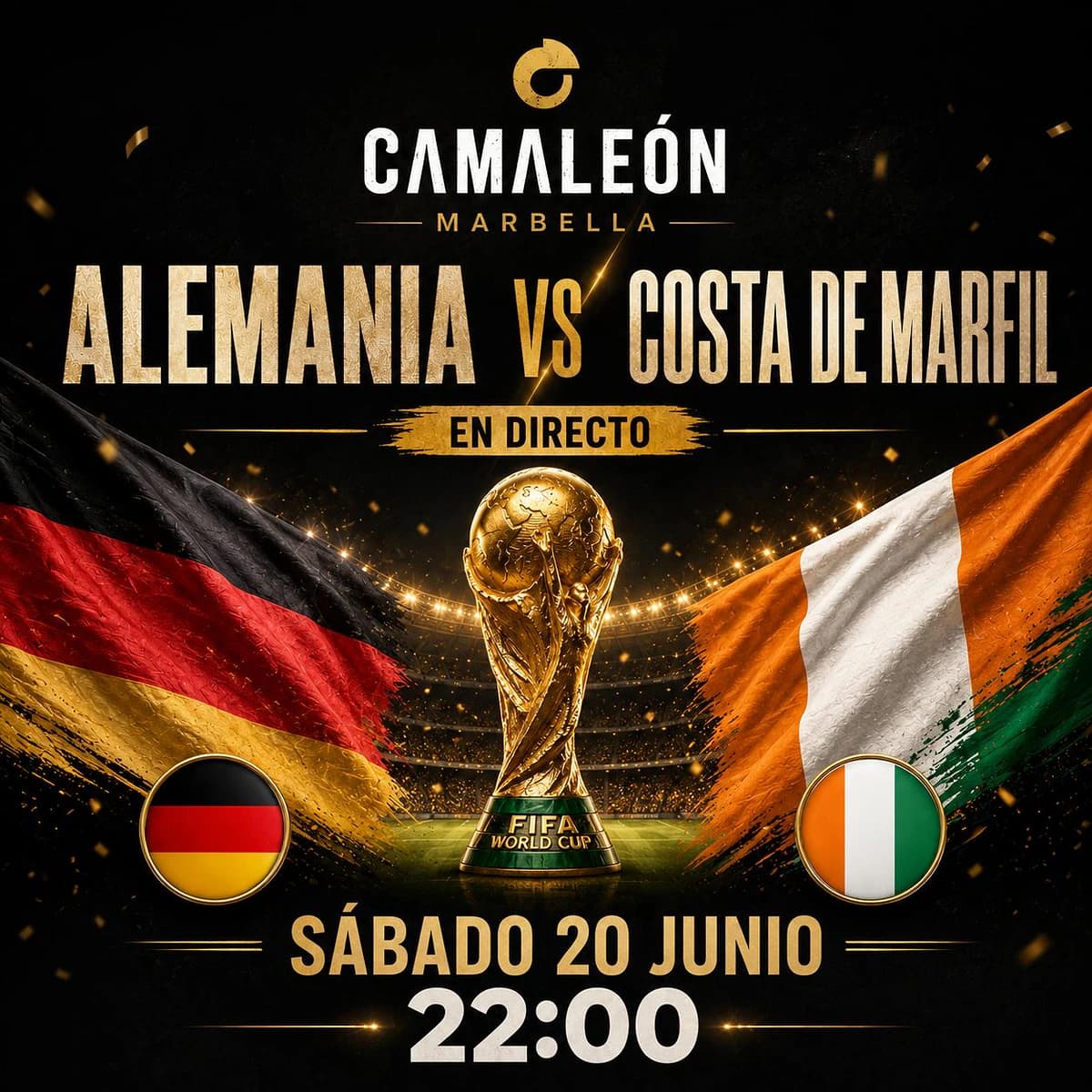 Cartel de Camale贸n Marbella anunciando la retransmisi贸n en directo de Alemania vs Costa de Marfil en el Mundial 2026 el s谩bado 20 de junio a las 22:00.