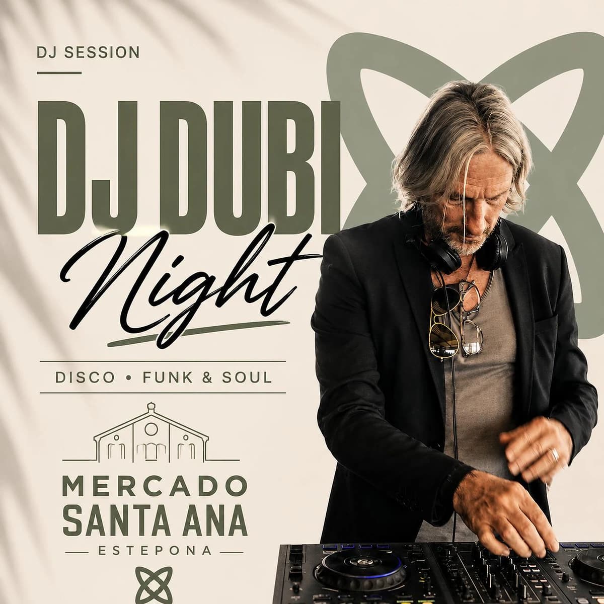Cartel de DJ Dubi Night en Mercado Santa Ana Estepona, con estética minimalista, DJ en cabina y música disco, funk y soul.