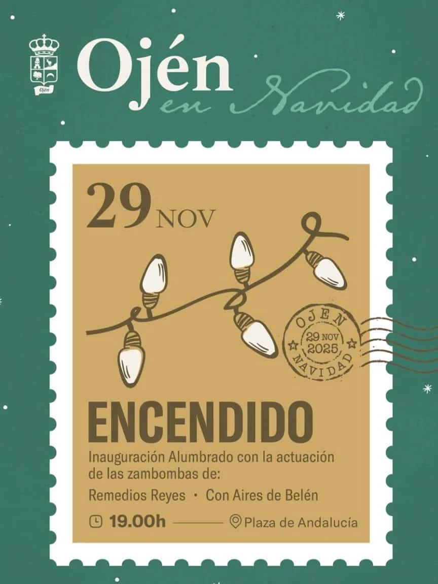 Official poster for the “Christmas Lights Switch-On in Ojén 2025” with green and gold design, date 29 November, hanging string lights, “Ojén en Navidad” stamp, and event details for Plaza de Andalucía featuring zambomba performances by Remedios Reyes and Con Aires de Belén at 7:00 pm.