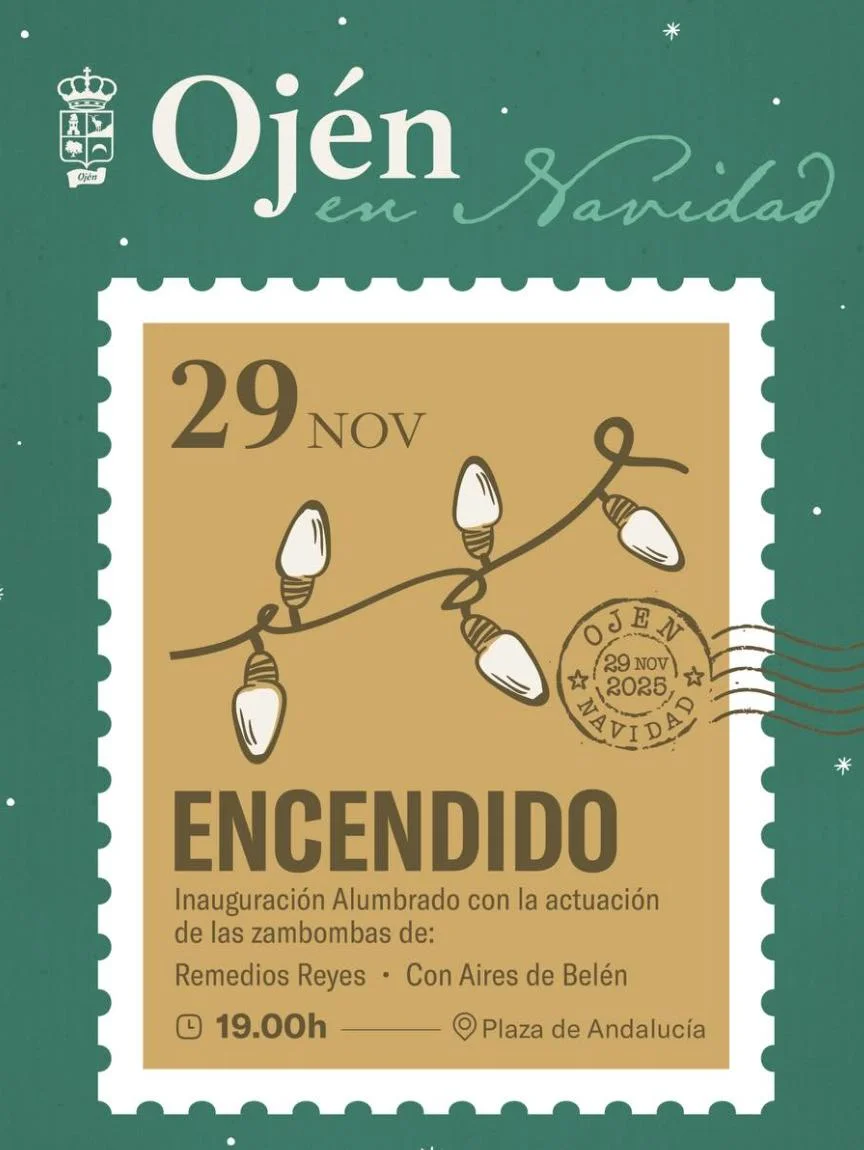 Official poster for the “Christmas Lights Switch-On in Ojén 2025” with green and gold design, date 29 November, hanging string lights, “Ojén en Navidad” stamp, and event details for Plaza de Andalucía featuring zambomba performances by Remedios Reyes and Con Aires de Belén at 7:00 pm.