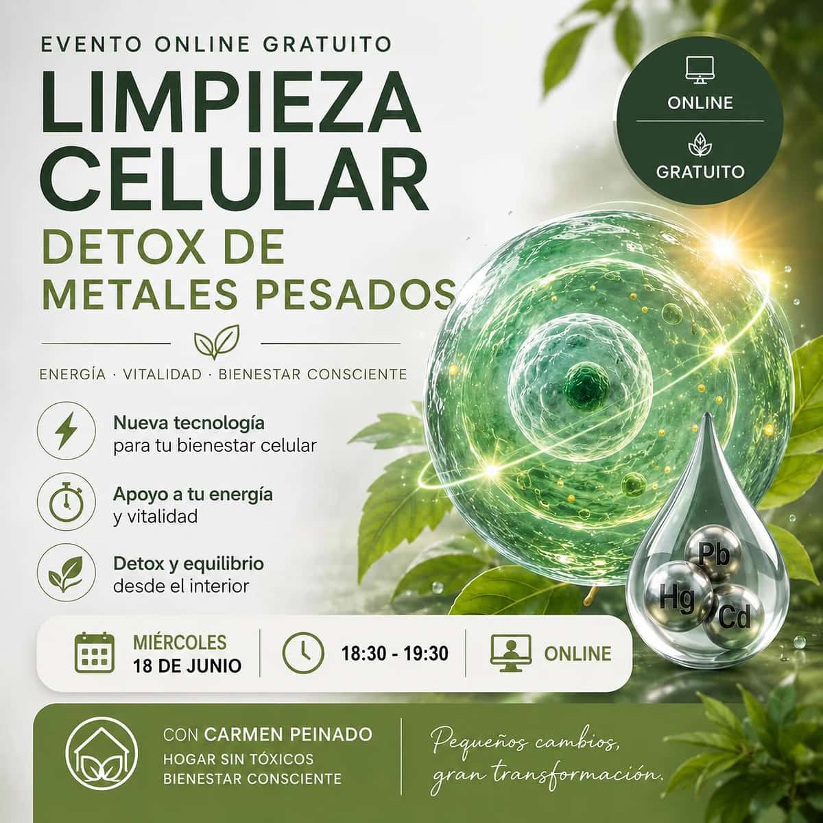 Cartel de evento online sobre energía celular, bienestar consciente, vitalidad y equilibrio celular con estética limpia y científica.