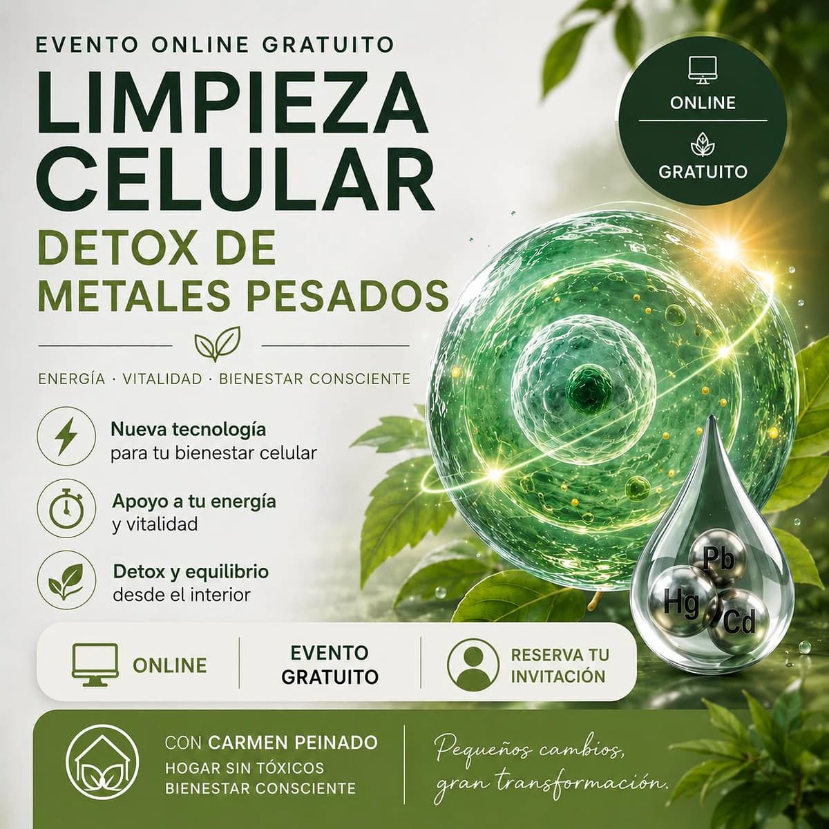 Cartel de evento online sobre energía celular, bienestar consciente, vitalidad y equilibrio celular con estética limpia y científica.