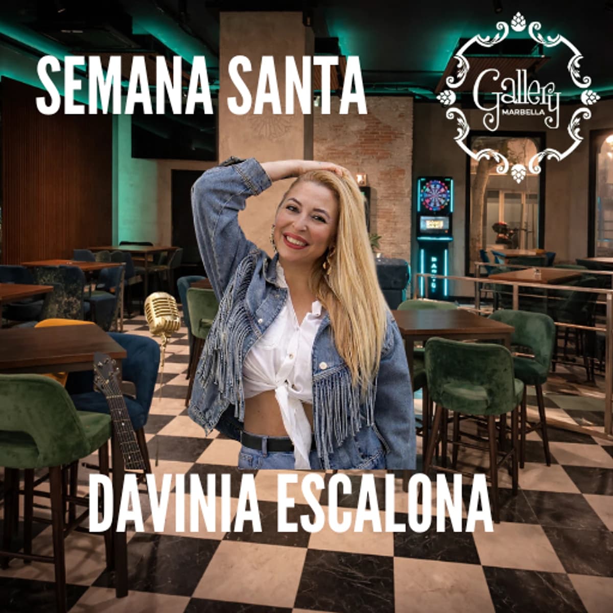 Cartel de Semana Santa en Gallery Marbella con Davinia Escalona posando en el interior del local, rodeada del ambiente lounge del espacio.