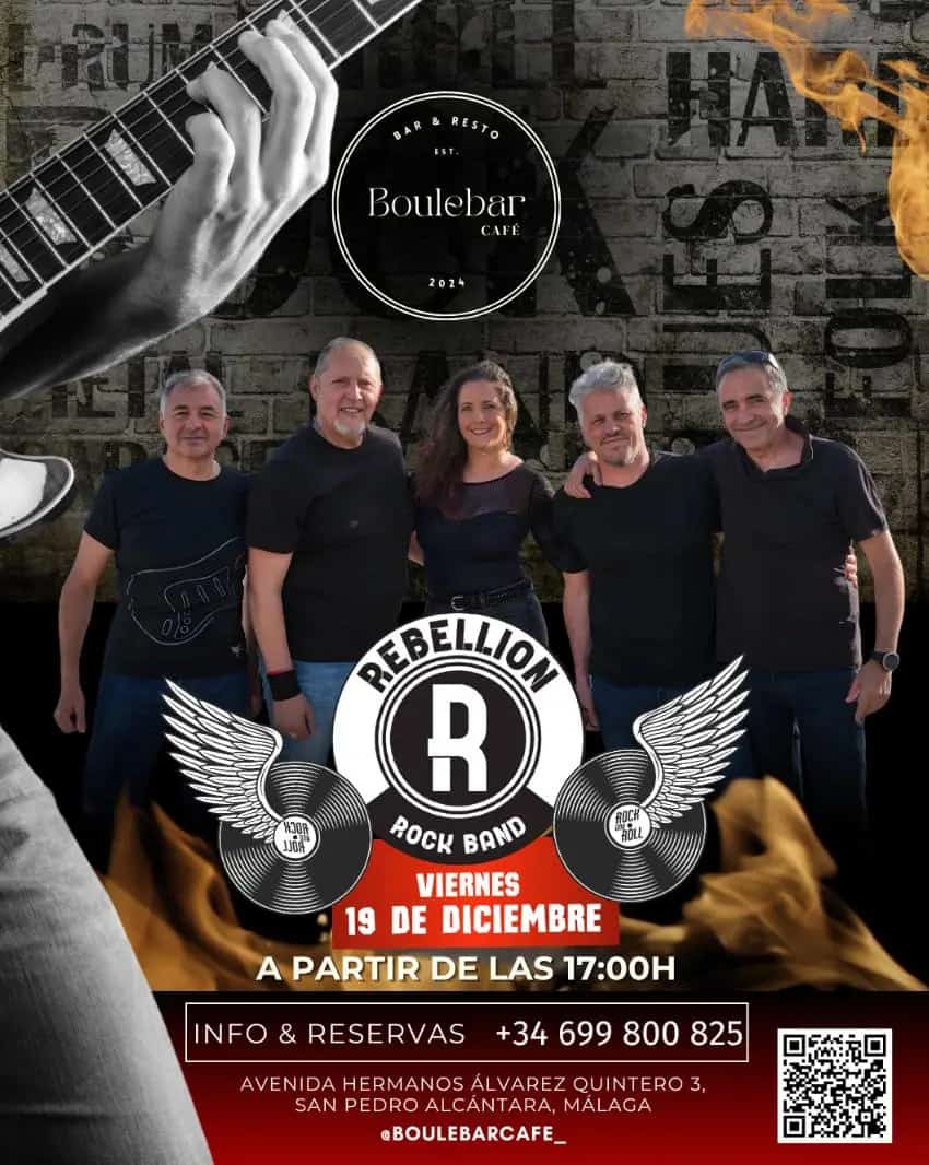 Cartel del concierto de Rebelión Rock Band en Boulebar Café San Pedro Alcåntara, con los cinco miembros de la banda posando frente a un muro de ladrillo, un gran logo circular con alas y la fecha «viernes 19 de diciembre» destacada en rojo y blanco.