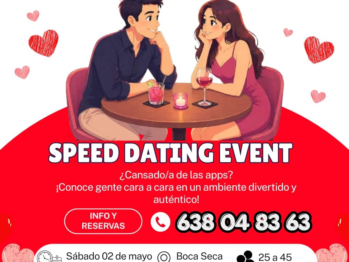 Cartel de speed dating en Boca Seca para personas de 25 a 45 años, sábado 2 de mayo de 18:00 a 20:00, con una pareja conversando en una mesa.