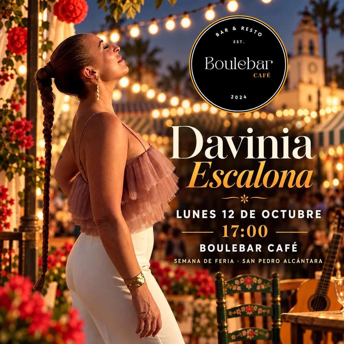 Cartel de la Semana de Feria de Boulebar Café con Davinia Escalona anunciada para el lunes 12 de octubre a las 17:00 en San Pedro Alcántara.