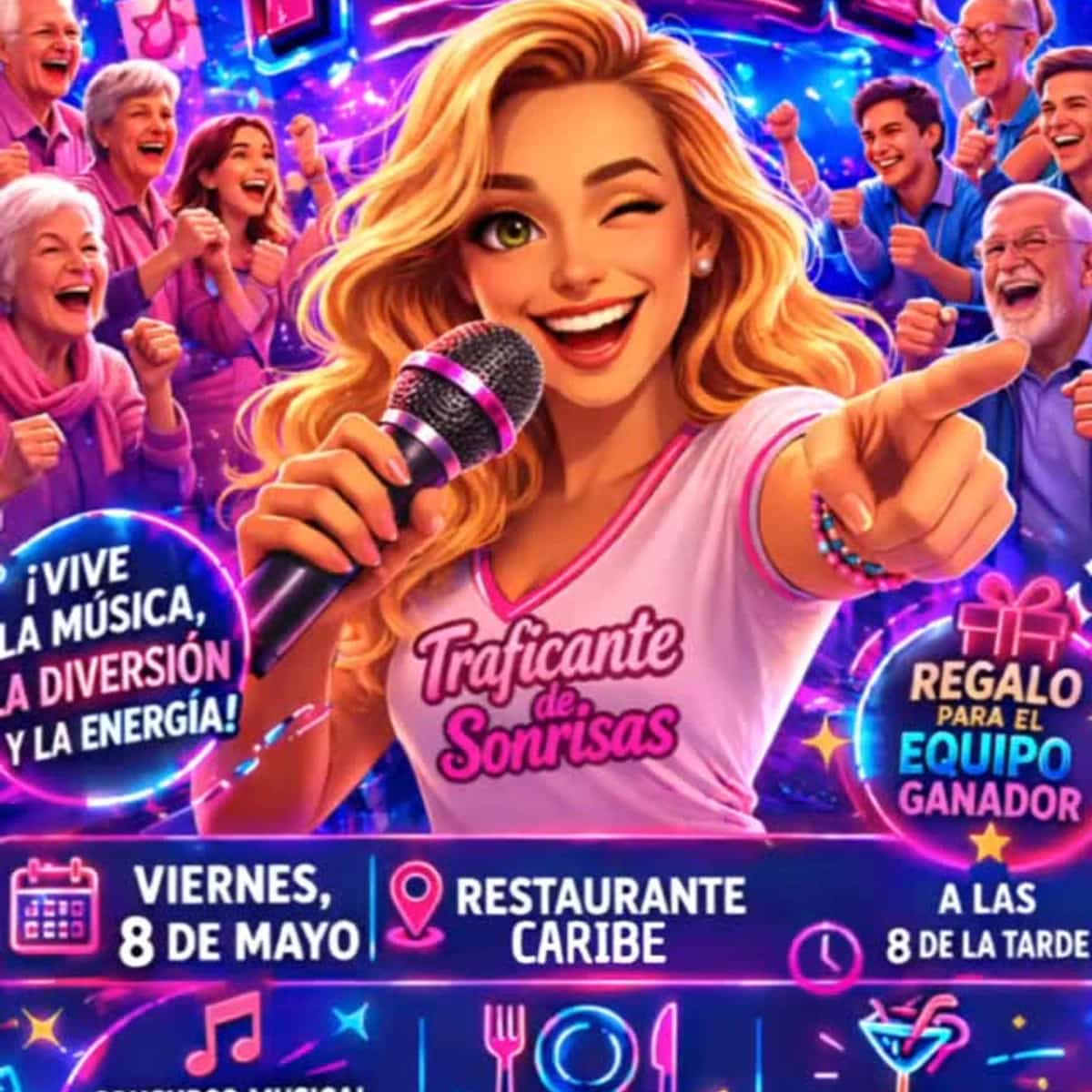Cartel promocional de “Furor Music Battle” de Play & Glory: presentadora con micrófono y ambiente de concurso musical interactivo para grupos y empresas en Málaga.