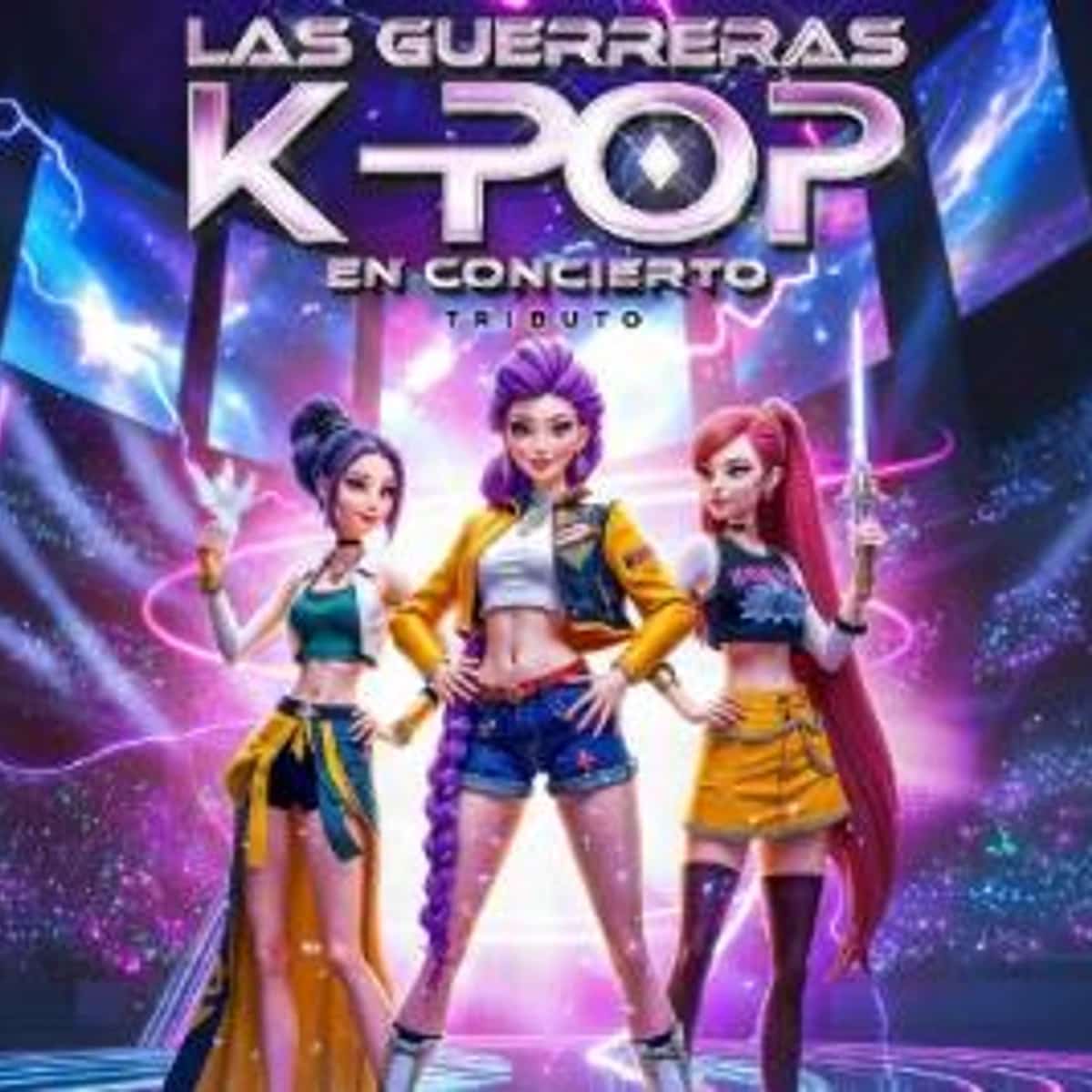 Cartel de Las Guerreras K Pop en concierto en Coín, espectáculo musical K-pop en el Auditorio del Parque Leonor Princesa de Asturias.