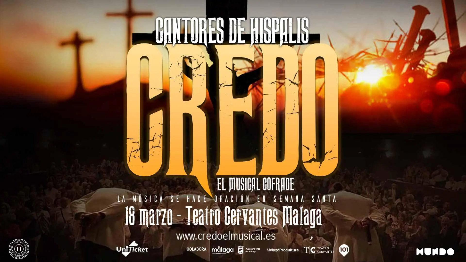 Cartel del espectáculo Credo de Cantores de Híspalis en el Teatro Cervantes de Málaga.