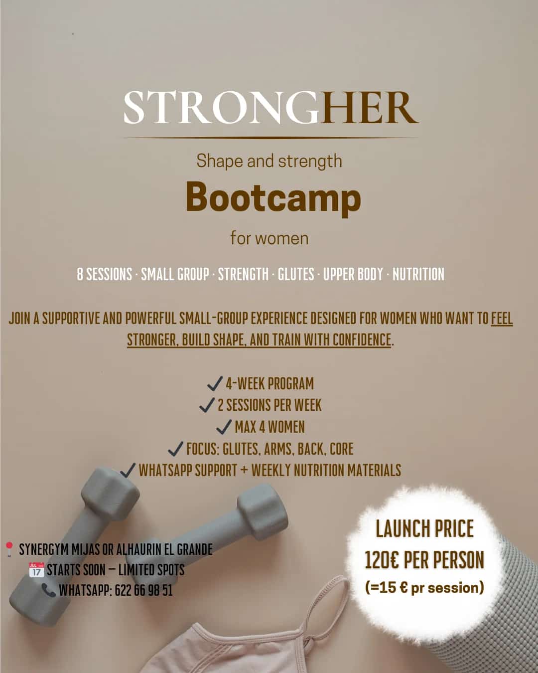 Imagen del cartel del evento de Bootcamp de forma y fuerza para mujeres con precio y contacto