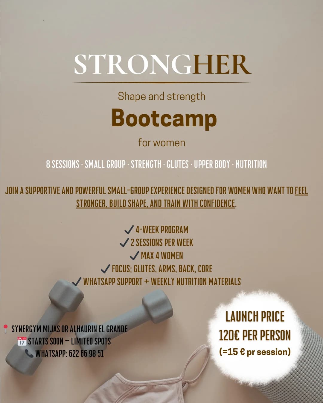 Imagen del cartel del evento de Bootcamp de forma y fuerza para mujeres con precio y contacto