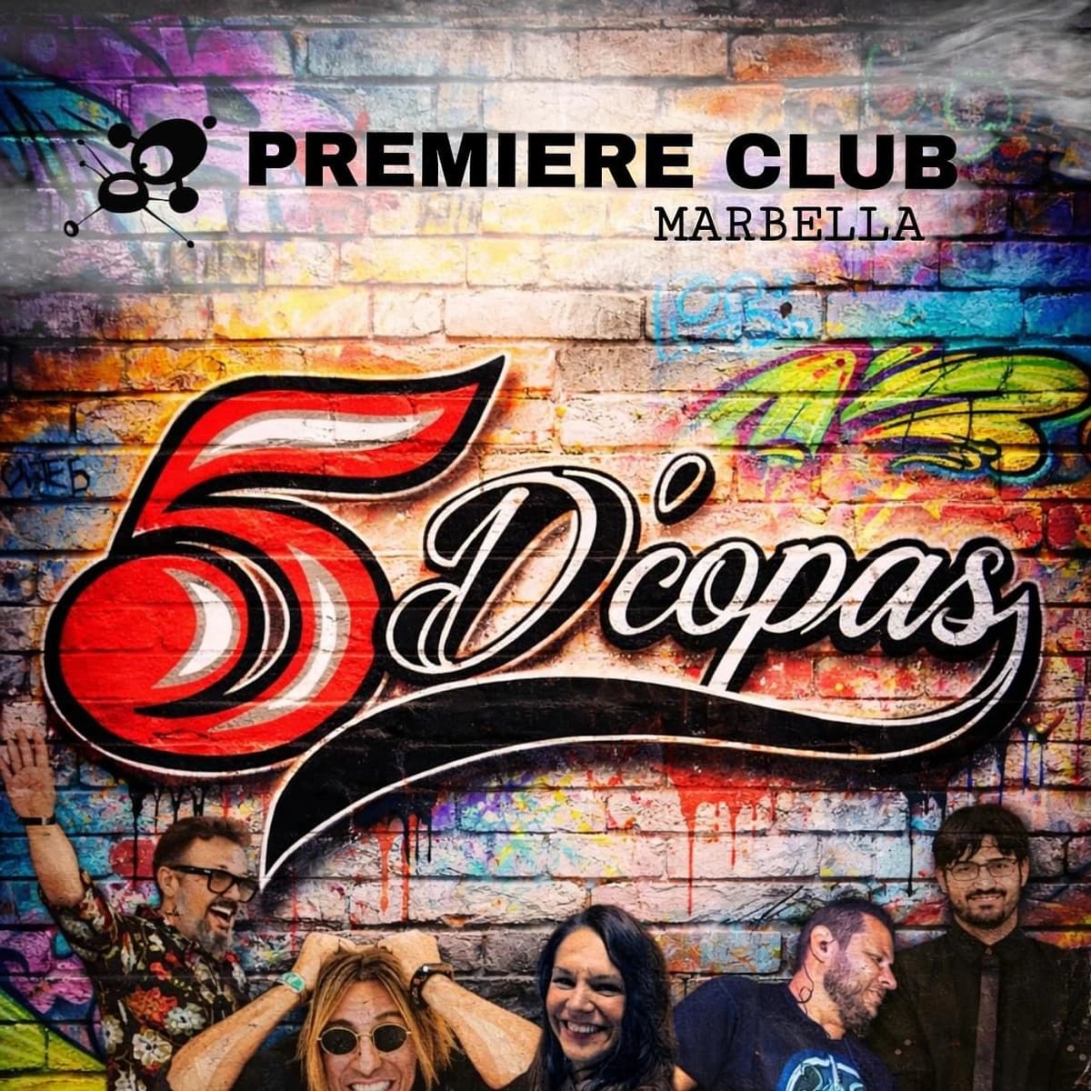 Cartel del concierto de la banda 5 D’Copas actuando en directo en Premiere Club Marbella el 14 de marzo con entrada libre.