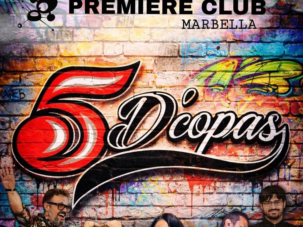 Cartel del concierto de la banda 5 D’Copas actuando en directo en Premiere Club Marbella el 14 de marzo con entrada libre.