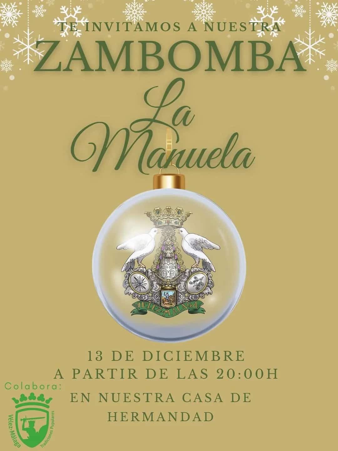 Cartel del evento con 'Zambomba de La Manuela', fecha 13 de diciembre, hora 20:00, ubicación C/ Ferrocarril Nº7, Vélez-Málaga, decoraciones festivas.