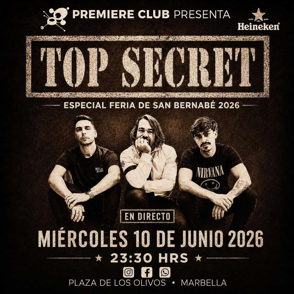 Cartel de Top Secret en Premiere Club durante la Feria de San Bernabé Marbella 2026, noche de versiones rock y pop en directo.