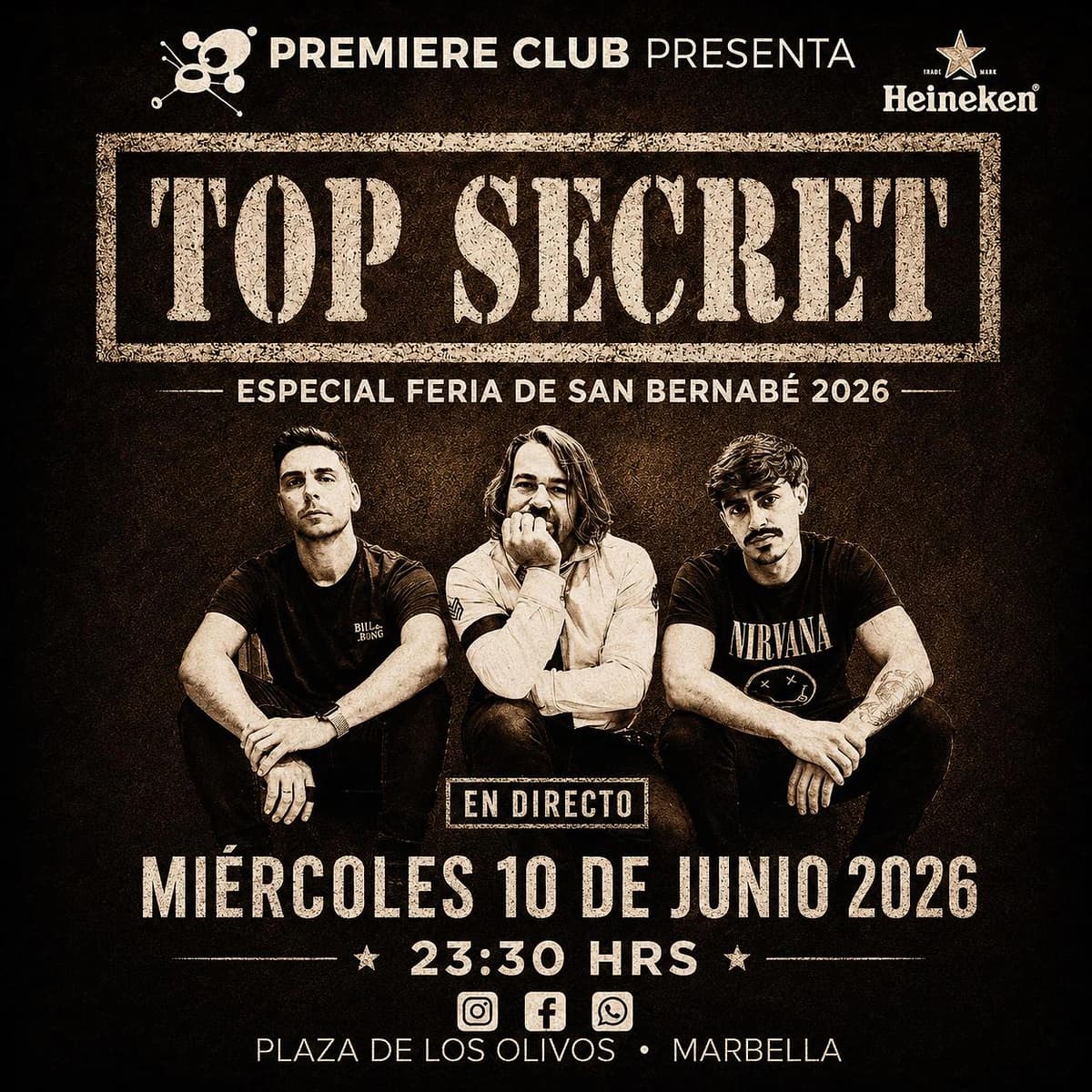 Cartel de Top Secret en Premiere Club durante la Feria de San Bernabé Marbella 2026, noche de versiones rock y pop en directo.