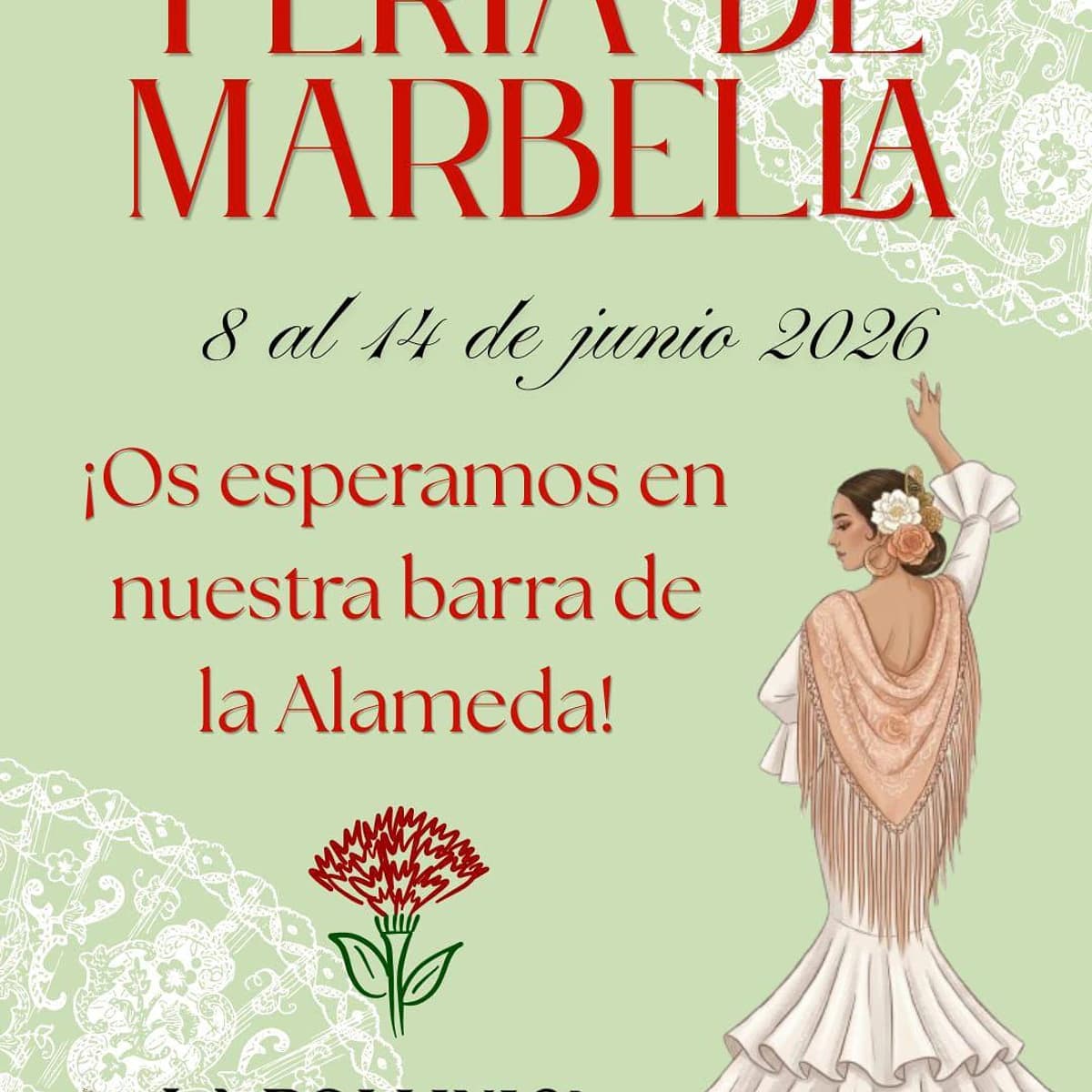 Cartel de Rebellion en la Feria de Marbella 2026, concierto de pop-rock de los 80 y 90 en la barra de La Pollinica del Parque de la Alameda.