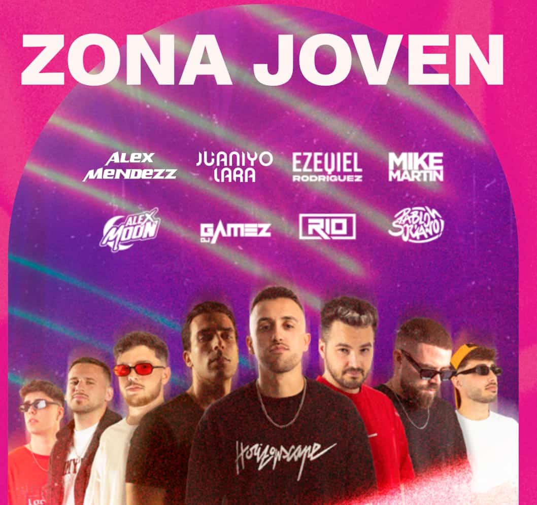 Cartel “Zona Joven” con DJs (Álex Méndez, Juaniyo Lara, Ezequiel Rodríguez, Mike Martín, Alex Moon, DJ Gamez, RIO y Pablo Soriano) y fechas 10–12 de octubre, horario 00:00–05:00.