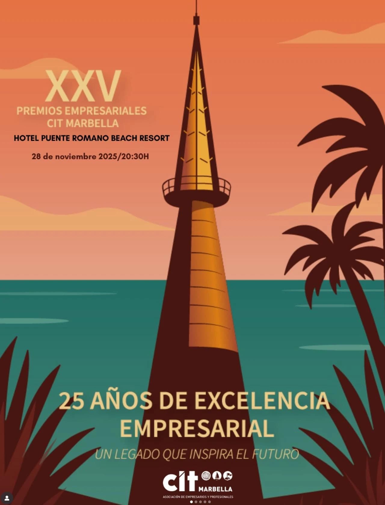 Poster for the 25th CIT Marbella Business Awards 2025, with the title and a stylised tower on an orange background, announcing the gala at Puente Romano Beach Resort on 28 November at 8:30 p.m.
