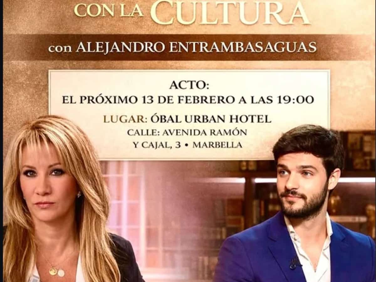 Poster for the event “Encuentros con la Cultura” with Alejandro Entrambasaguas, announcing a talk on February 13 at 7:00 PM at Óbal Urban Hotel, Marbella. Two people are shown in the foreground against a warm-toned background.