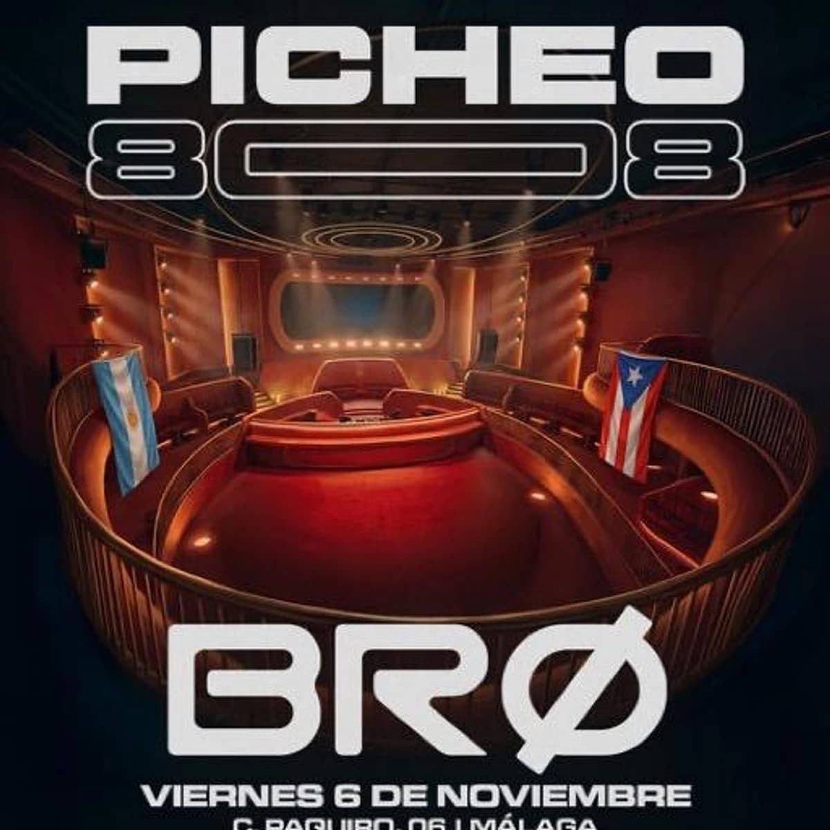 Cartel de PICHEO 808 en BRØ Málaga para el 6 de noviembre: cabina de tonos rojos, banderas de Argentina y Puerto Rico y nombres de la fiesta y la sala.