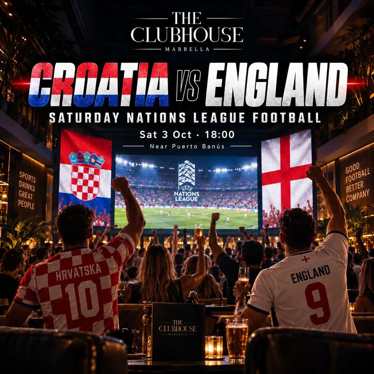 Aficionados de Croacia e Inglaterra viendo fútbol en directo en grandes pantallas de The Clubhouse Marbella, con bebidas y ambiente deportivo