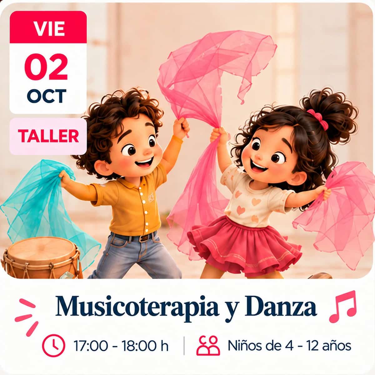Cartel de Talleres de Octubre de Casa Ángeles con niños bailando y jugando con telas para anunciar el taller de Musicoterapia y Danza.