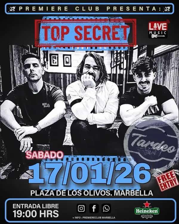 Cartel del concierto Top Secret con música en vivo en Plaza de los Olivos, Marbella, el sábado 17 de enero de 2026 con entrada libre.