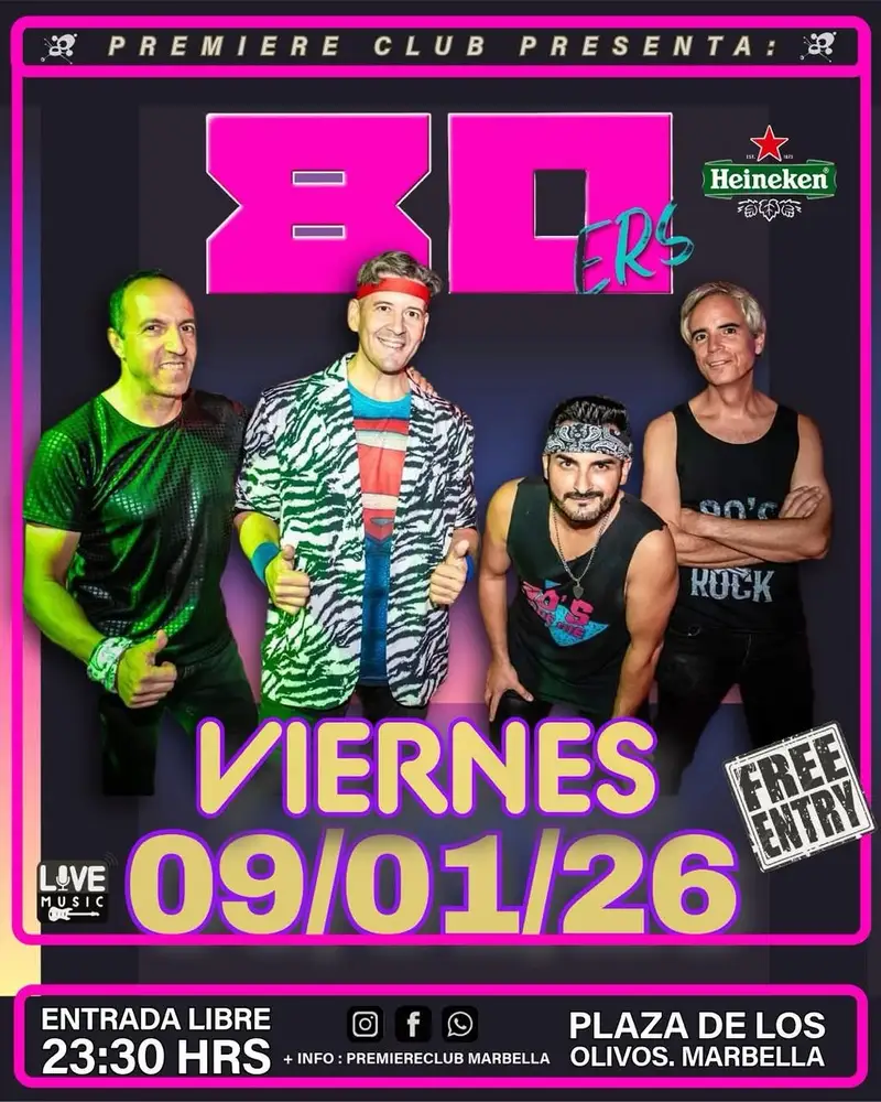 Cartel del evento para Premiere Club Marbella con las bandas 80'ERS y DR. DIABLO con fechas 9 y 10 de enero, entrada libre.