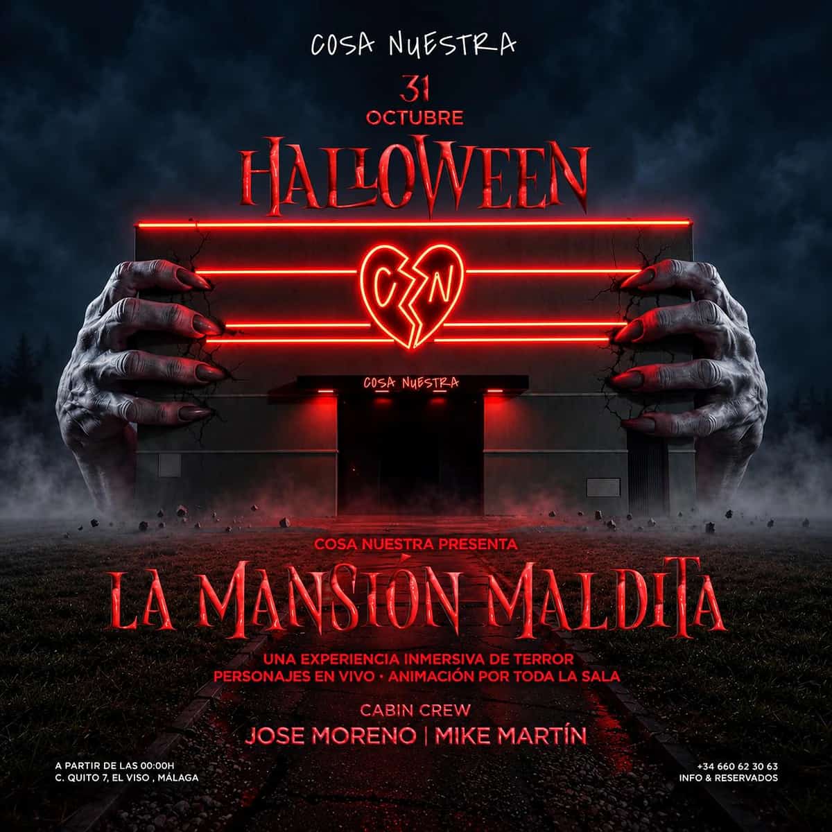 Cartel de Halloween de Cosa Nuestra para «La Mansión Maldita», el 31 de octubre en Málaga. Unas manos monstruosas rodean la entrada iluminada en rojo.