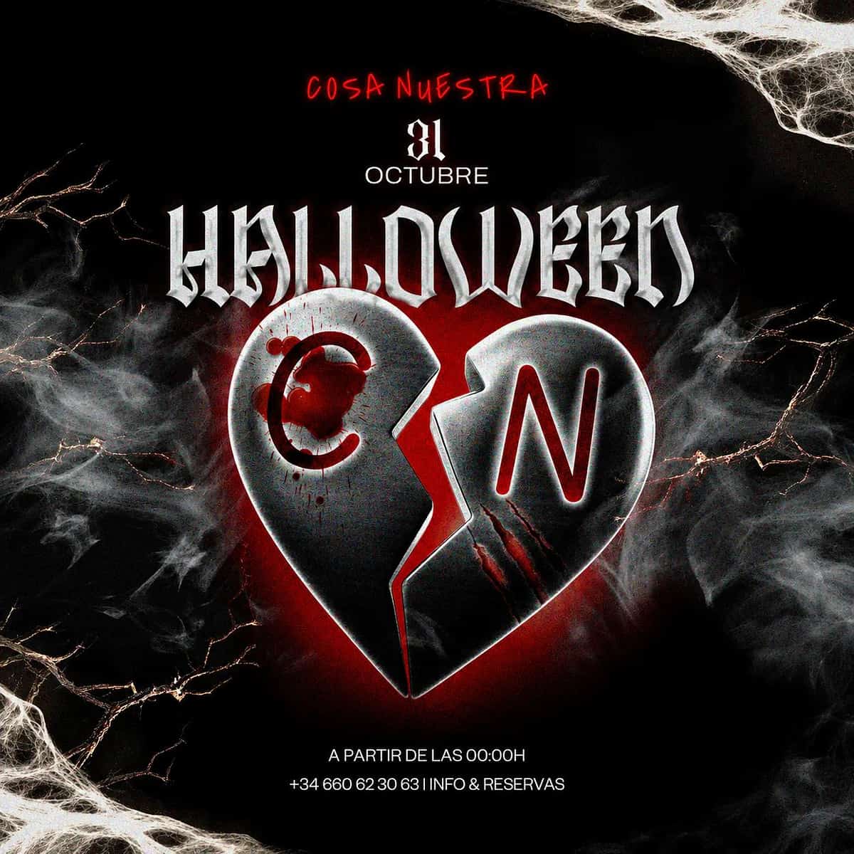 Cartel negro y rojo de Halloween Nuestro en Cosa Nuestra Málaga, con corazón roto CN, telarañas, humo y fecha 31 de octubre.