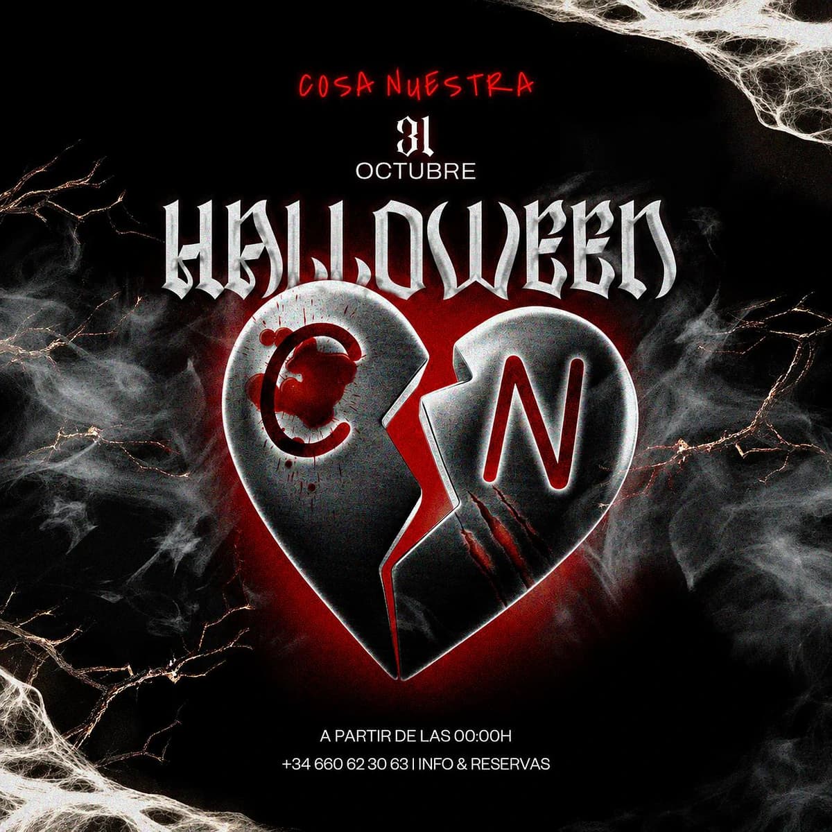 Cartel negro y rojo de Halloween Nuestro en Cosa Nuestra Málaga, con corazón roto CN, telarañas, humo y fecha 31 de octubre.
