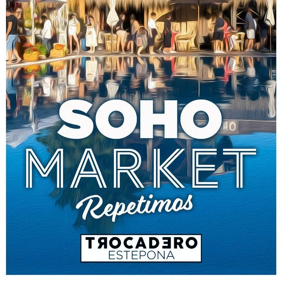 Imagen del cartel del evento del Soho Market en Trocadero Estepona el sábado 20 de diciembre: mercado al aire libre, diseño, moda y ambiente mediterráneo de 12:00 a 17:00 h.