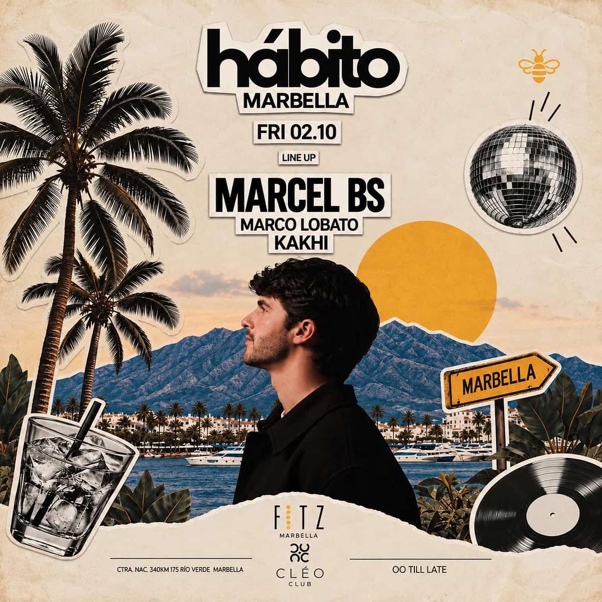Cartel de HÁBITO x CLEO en FITZ Marbella con Marcel BS, Marco Lobato y Kakhi, collage de palmeras, montaña, bola de discoteca y paisaje de Marbella.
