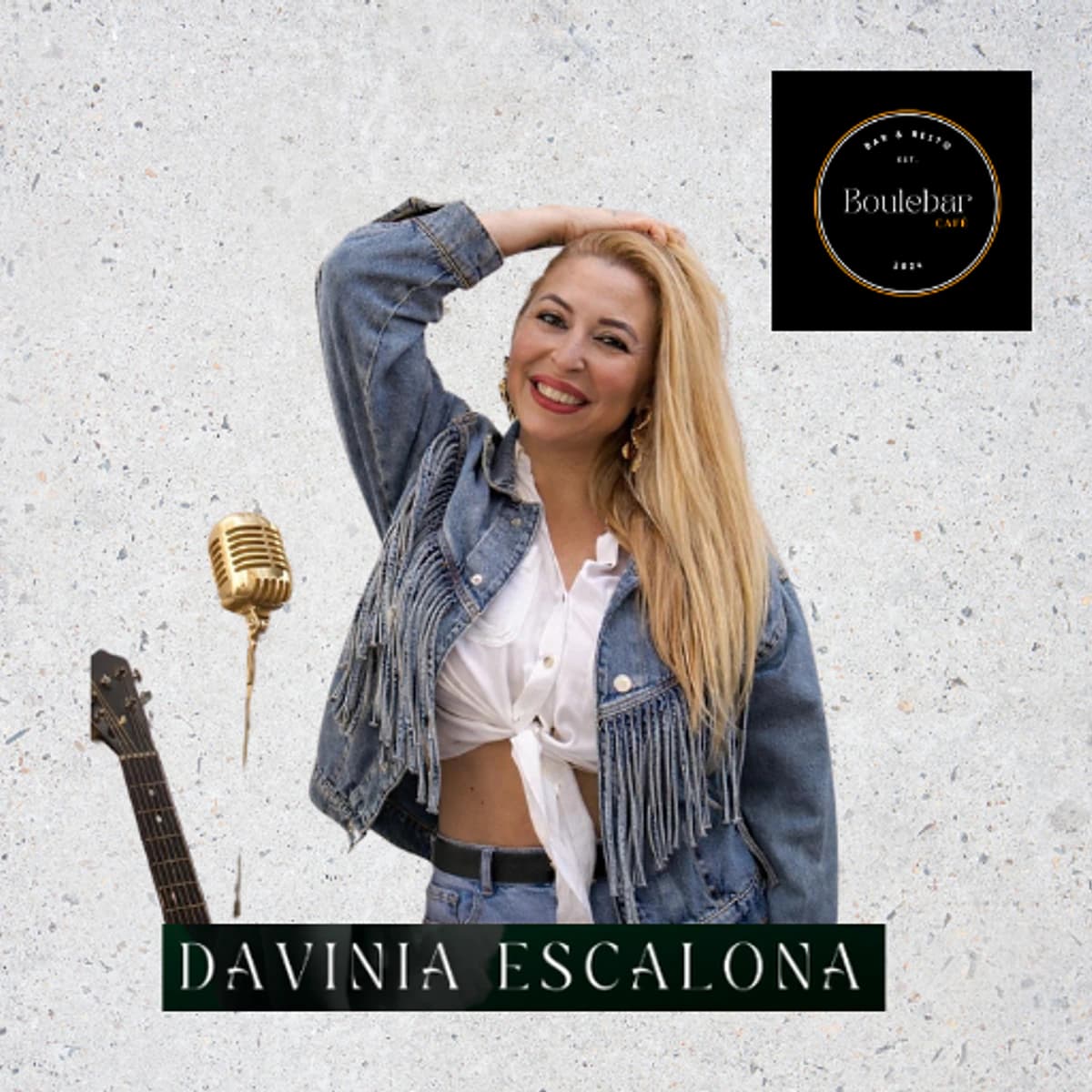 Cartel de música en vivo en San Pedro Alcántara: Davinia Escalona en directo en Boulebar Café, plan de tarde en Marbella con terraza y música en vivo.