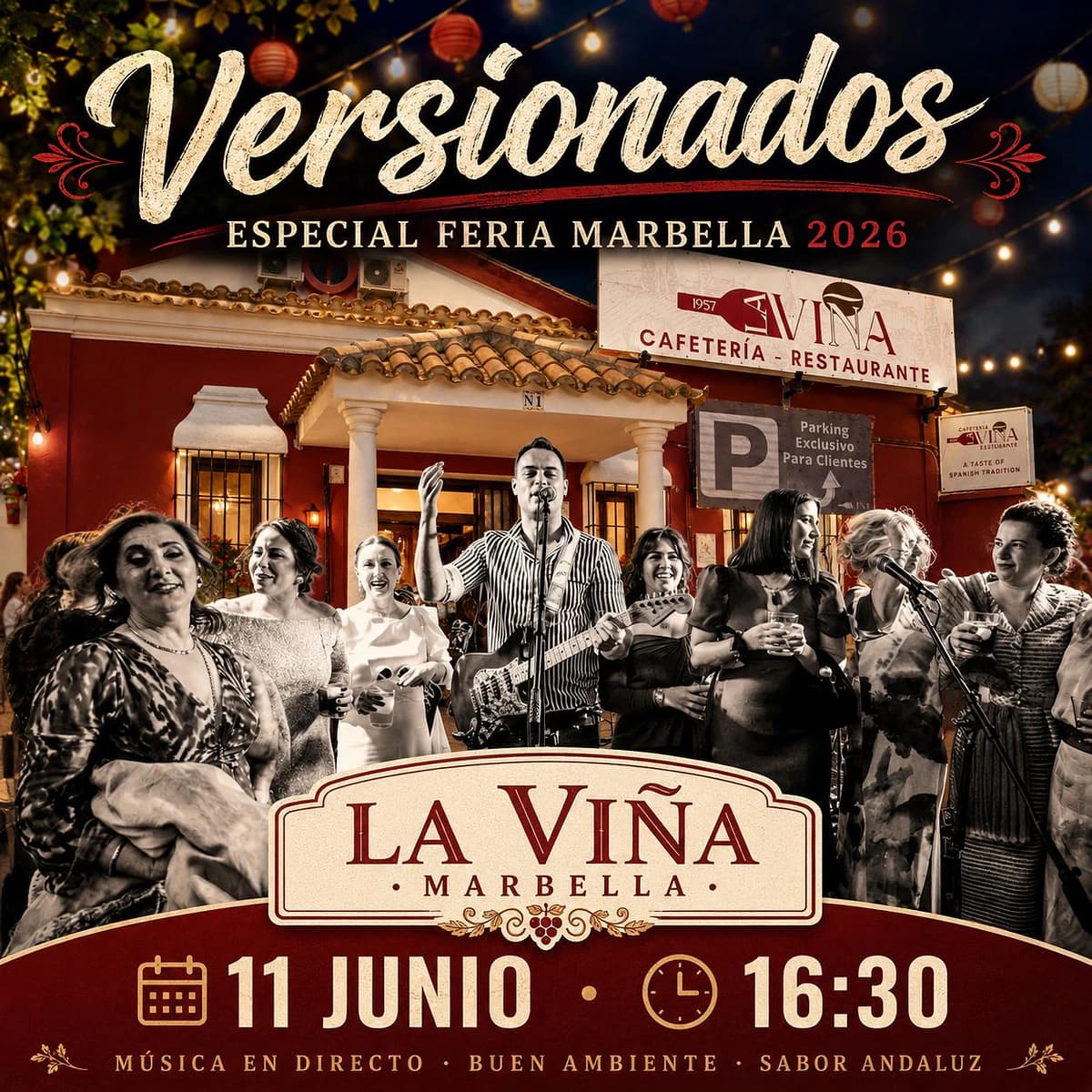 Cartel de Versionados en La Viña Marbella durante la Feria de San Bernabé 2026, tardeo con pop-rock nacional en directo.
