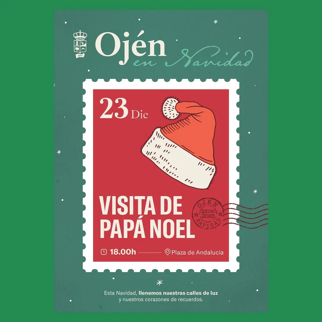 Cartel de evento colorido con Papá Noel visitando Ojén en la Plaza de Andalucía el 23 de diciembre a las 18h con decoraciones festivas.