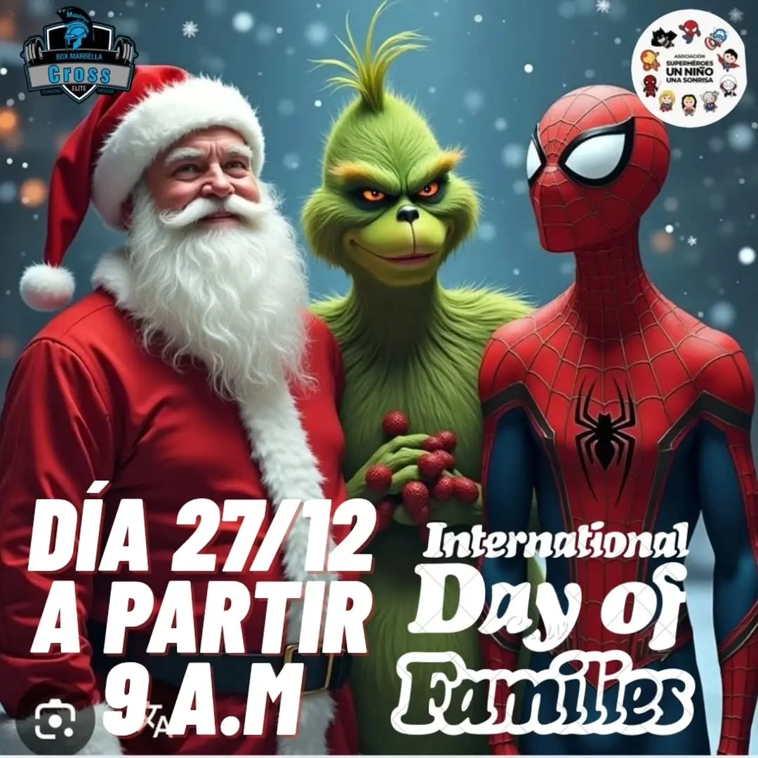 Cartel del Evento del Día Familiar de Navidad que muestra niños y superhéroes, evento el 27 de diciembre en Marbella. Incluye horarios por grupos de edad y detalles de donación.
