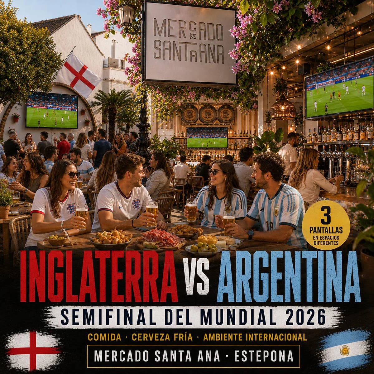 Cartel del partido Inglaterra vs Argentina del Mundial 2026 en Mercado Santa Ana Estepona, semifinal con 3 pantallas en espacios diferentes, comida, cerveza fría y ambiente internacional.