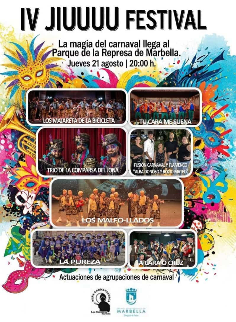 Cartel del IV JIUUUU Festival en el Parque de la Represa (Marbella) con fecha jueves 21 de agosto, 20:00, y grupos: Los Majareta de la Bicicleta, Tu Cara Me Suena, Trío de la Comparsa del Jona, Los Malfo-llados, La Pureza, A Cara o Cruz, más fusión carnaval & flamenco con Alba Donoso y Rocío Mateo.