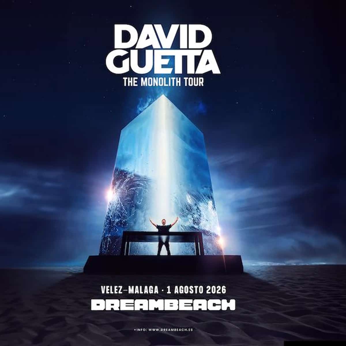 Cartel promocional oficial del Festival Dreambeach 2026 en la Costa del Sol, destacando al cabeza de cartel David Guetta y las fechas del Show Monolith en Vélez-Málaga.