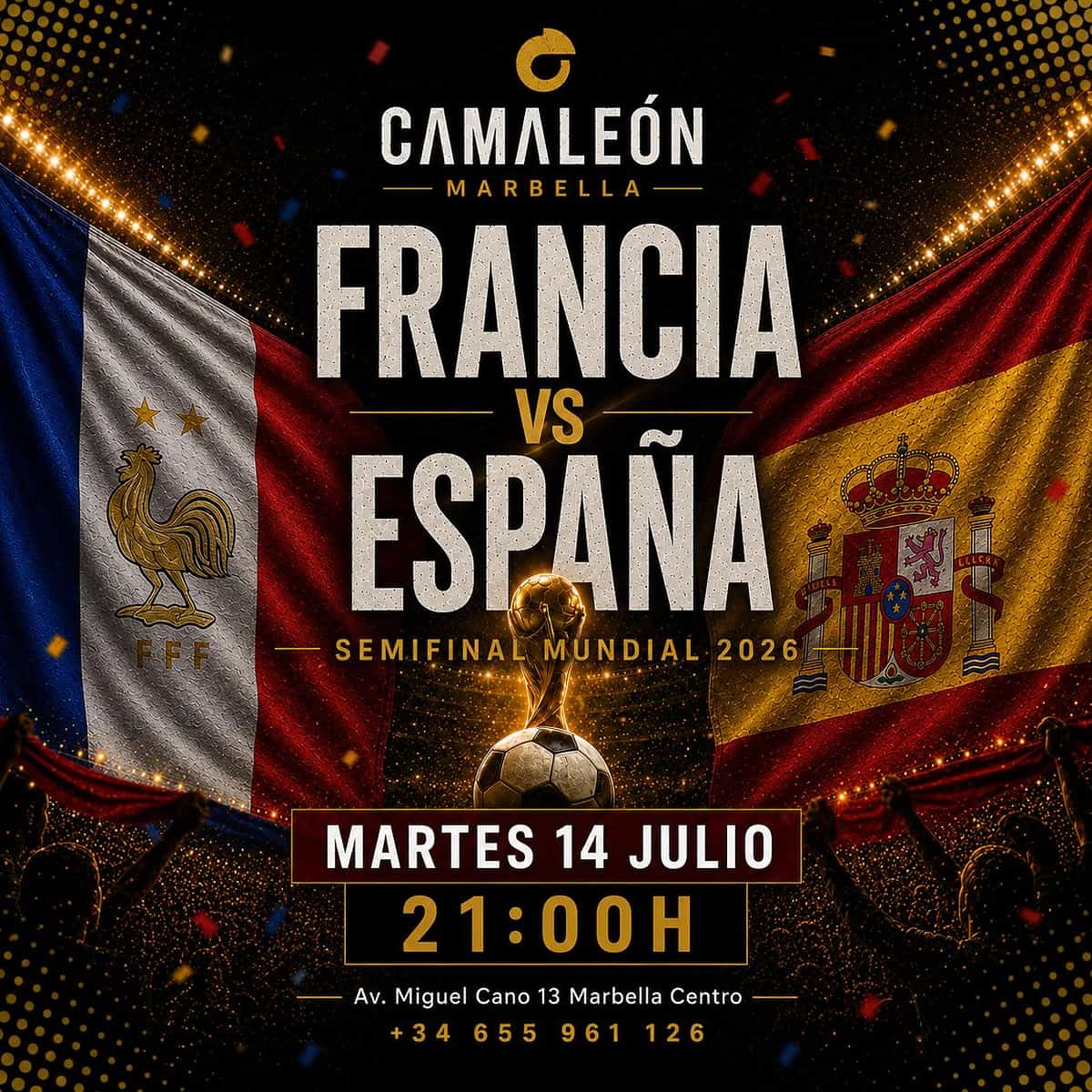 Poster for the live screening of France vs Spain in the 2026 World Cup semi-finals, with international football atmosphere and a big match night setting in central Marbella.