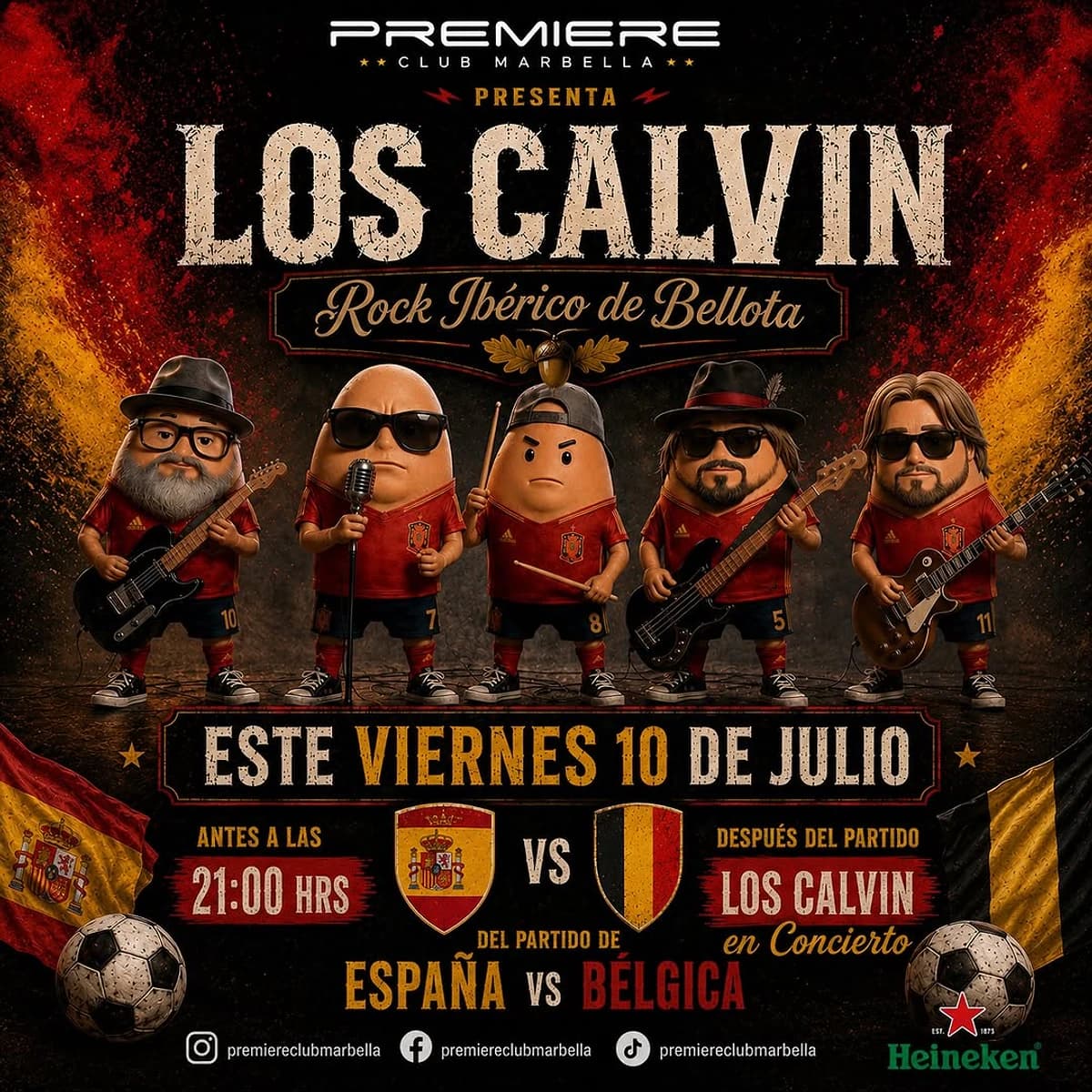 Cartel del partido España vs Bélgica en Boulebar Café con dos futbolistas enfrentados sobre un fondo rojo y negro con detalles dorados. El encuentro se anuncia para el viernes 10 de julio.