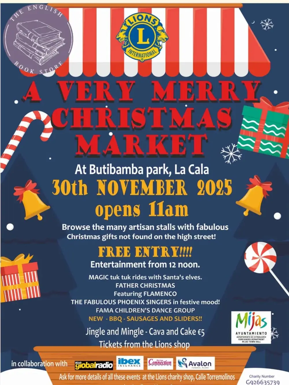 Cartel festivo para el Mercado de Navidad Muy Feliz con detalles sobre la ubicación del evento, fecha, actividades para niños y ambiente festivo.